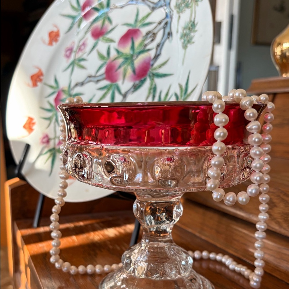 Vintage Indiana Glass King’s Crown Ruby  Red Rim Glass Compote Dish